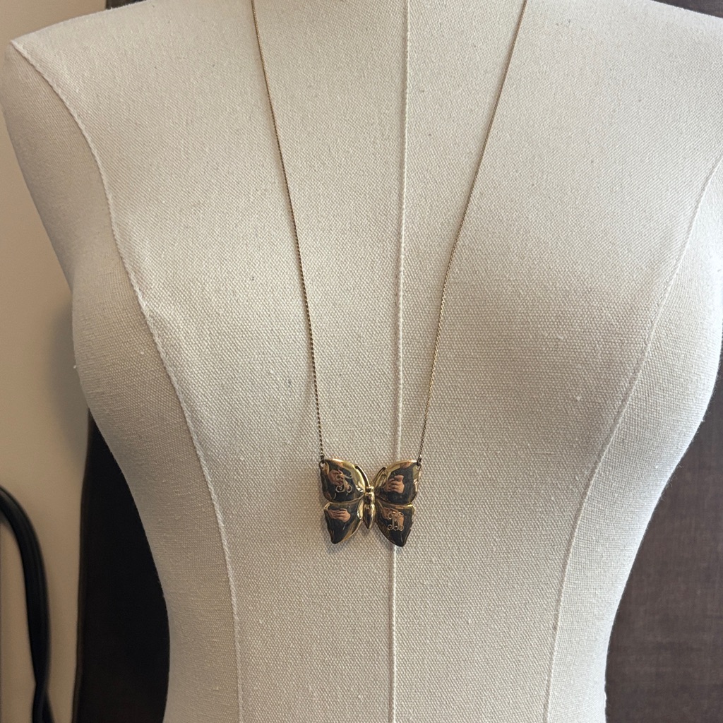 1928 Vintage Gold Butterfly Pendant Necklace With Dark Accent Wings